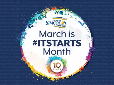 A circular graphic with colorful paint splashes around the border announcing “March is #ITSTARTS Month,” featuring the County of Simcoe logo at the top and a “10 Years” badge at the bottom.